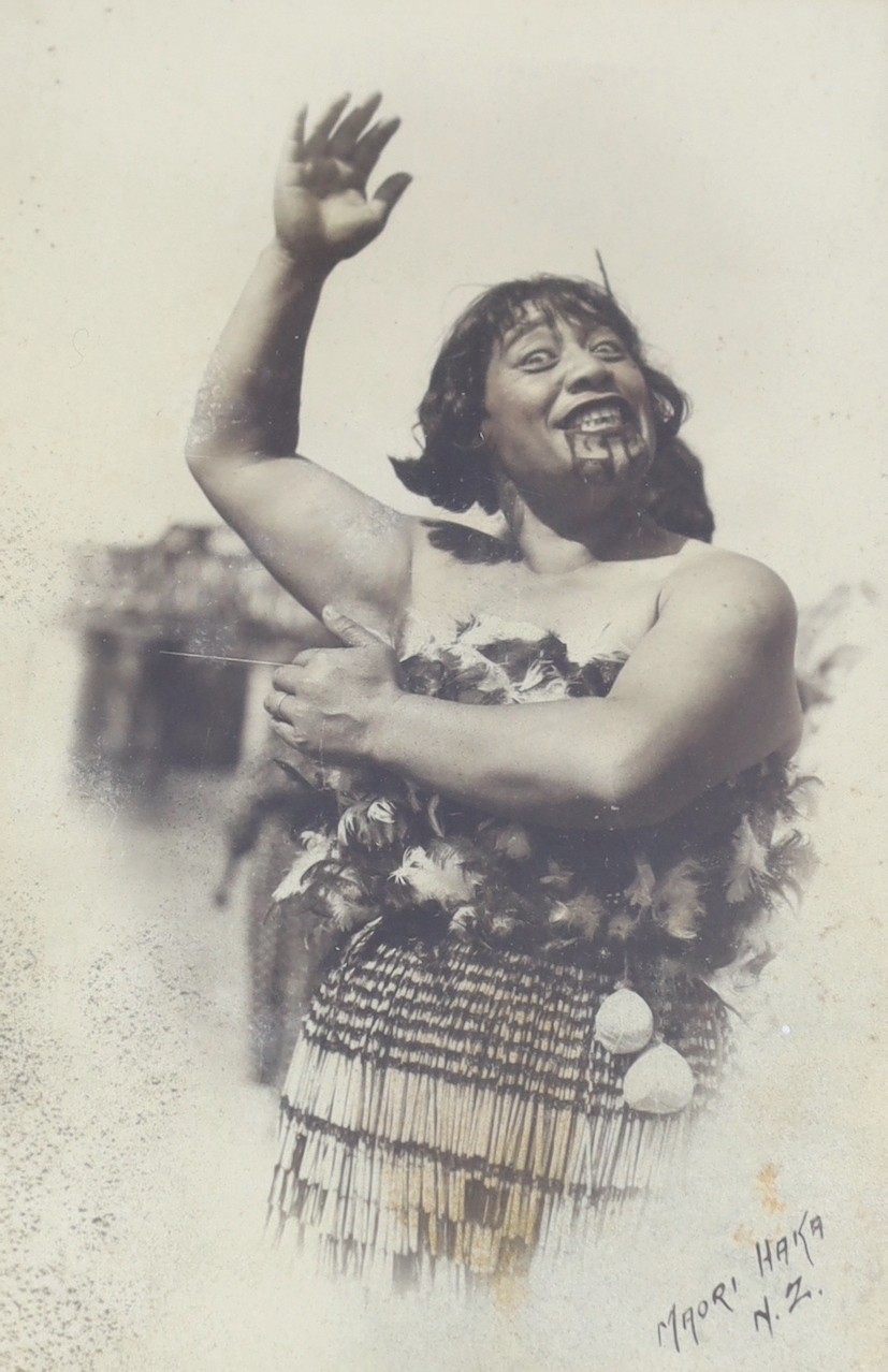 A pair of Maori carved wood photograph frames containing contemporary New Zealand photographs c.1900-10, frames 32.5 cm x 27 cm